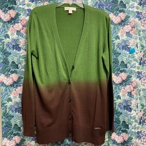 Michael Kors Green / Brown Ombré Fade Knit Deep V Button Cardigan Sweater Size L